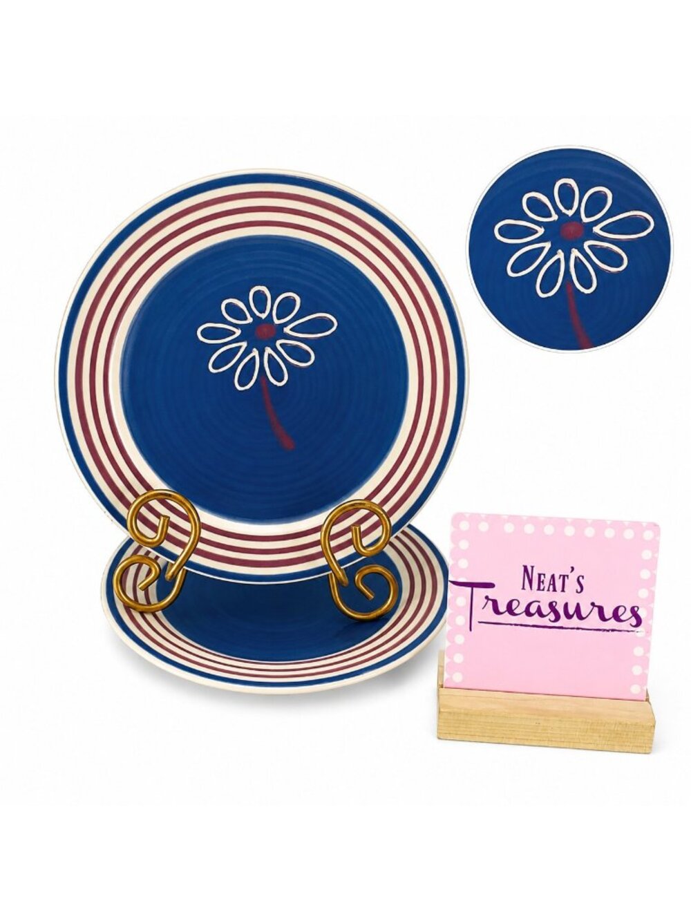 Pfaltzgraff BAJA Cream Mauve Band Blue Swirl Stoneware Salad Lunch Plates Set 2